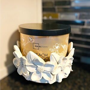 White Wash Wood Floral Candle Holder